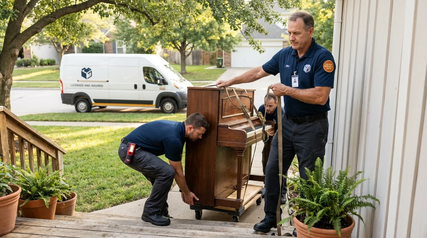 Licensed piano movers securing grand piano in Montague, MA