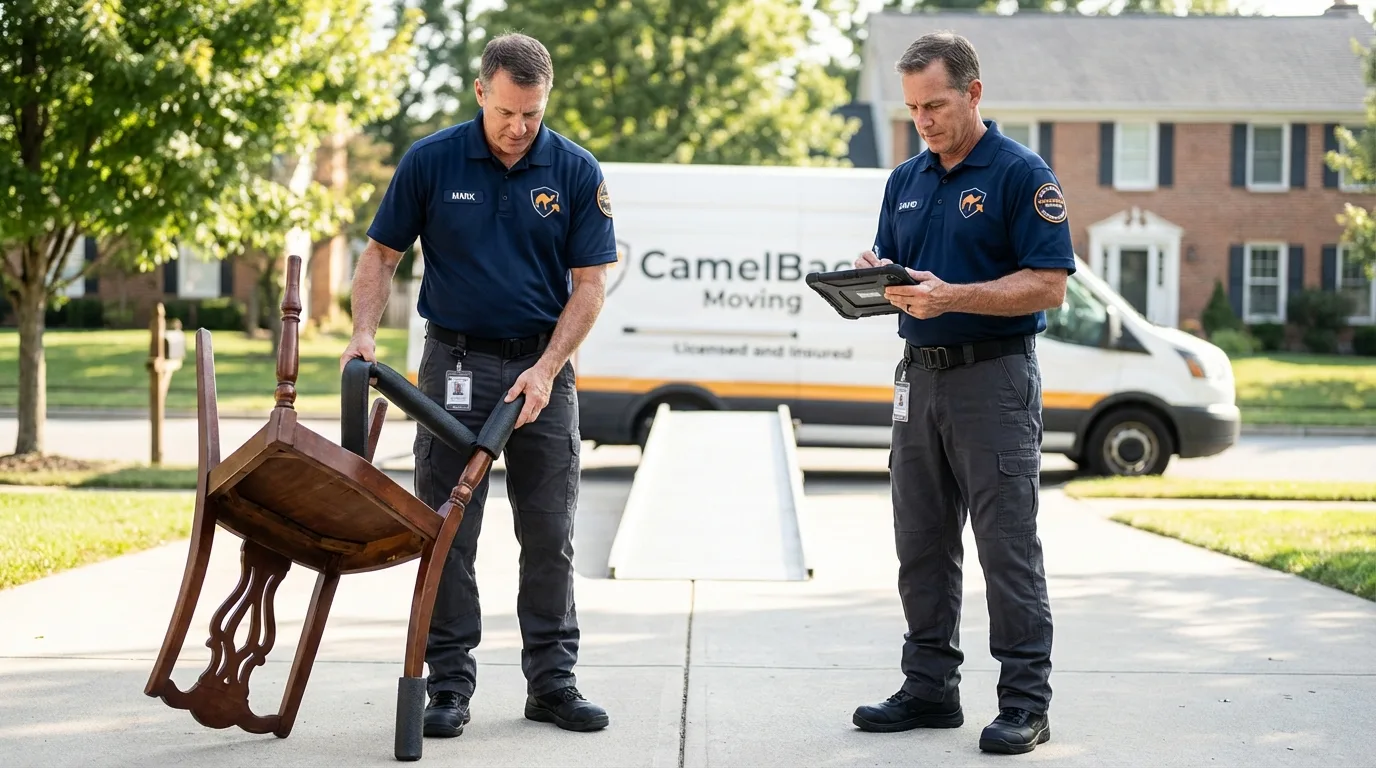 Movers inspecting furniture for damage prevention before loading in Montague, MA