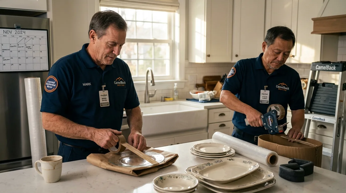 Professional crew packing kitchen dishware in Montague, MA